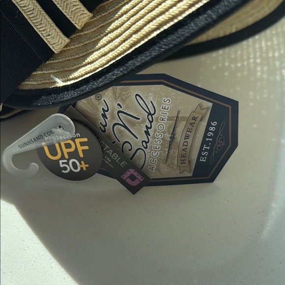 UPF50+ Tan and Black Wide-Brimmed Sun Hat with Ribbon - Picture 4 of 5